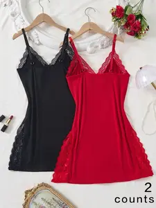 Lace Patchwork Bowknot Decor Romantic Side Slit Strap Nightgown Loungewear Nightwear Womenswear Basic Sleeveless