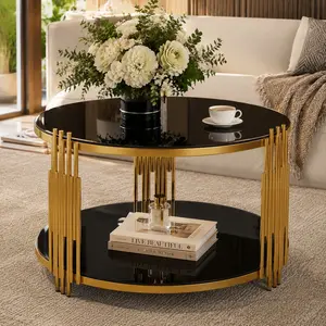 Littleox Modern Black/Transparent Mirror Round Coffee Table, Asymmetrical Metal Frame, Circular Drum Base with Gold Finish, Extra Lower Storage Shelf for Living Room