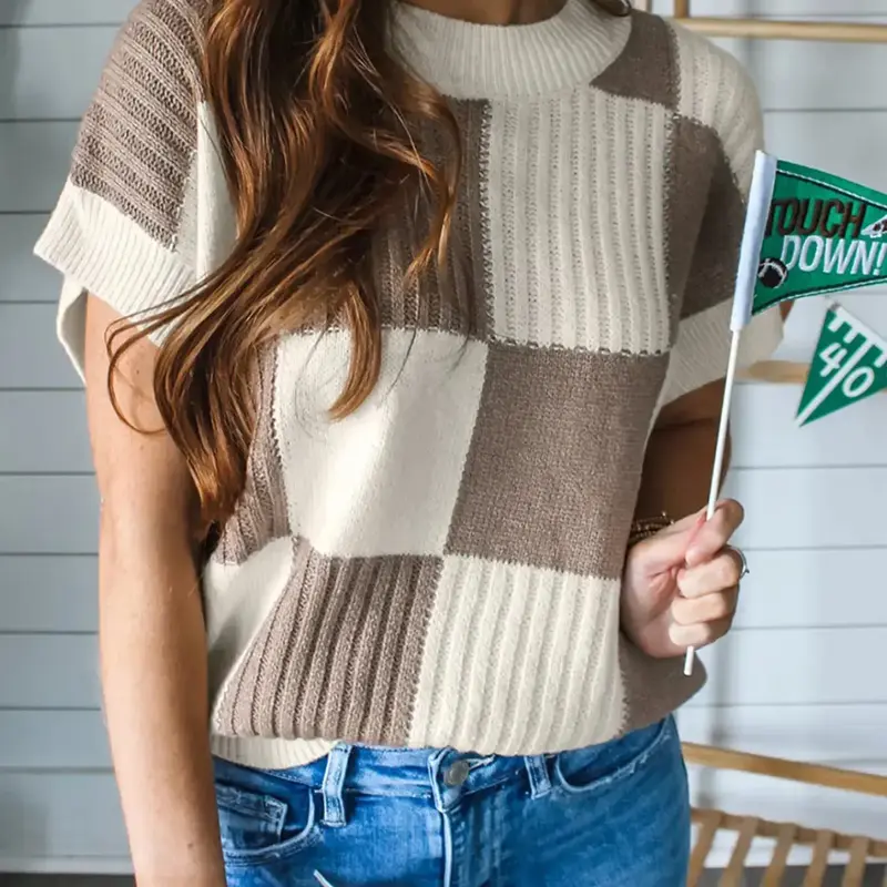 Women's Plaid Pattern Round Neck Sweater, Casual Pullovers Slim-fitting Jumper for Daily Wear, Ladies Knitwear for All Seasons