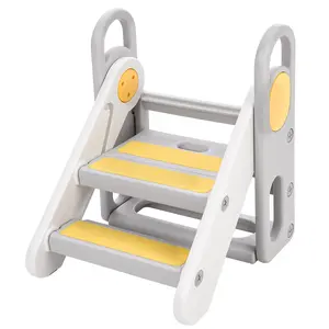 Foldable Toddler Step Stool, 2-in-1 Adjustable 3-Step Kids Stool with Handles, HDPE Plastic, Grey, Learning Helper for Potty Training, Bathroom Sink & Kitchen Counter, Yellow