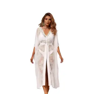 Women's Sheer Cover Up Kimono - Delicate Water Soluble Embroidered Beach Dress, Sexy Loose Bikini Sun Protection Shirt for Beach Vacations, Light & Breathable, Unique Embroidery