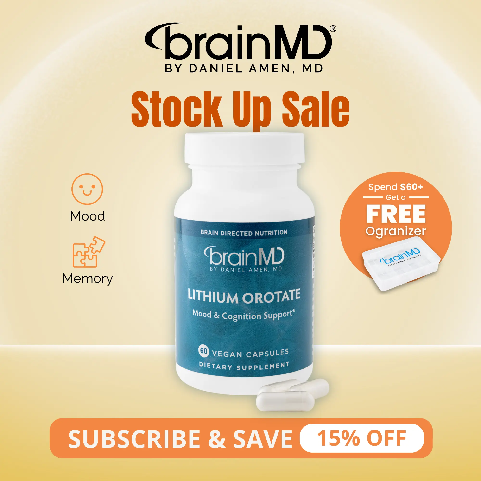 Lithium Orotate | BrainMD | 60 Capsules | Mood Balance & Emotional Wellness Support | Cognitive Clarity & Brain Health Support | Lithium