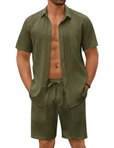 COOFANDY Mens Beach Outfits 2 Piece Sets Casual Short Sleeve Button Down Summer Textured Shirt