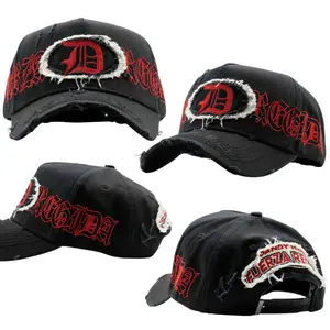 Dnady Hats x Fuerza Regida "D" Red Distressed Black Baseball Cap with Red Embroidery