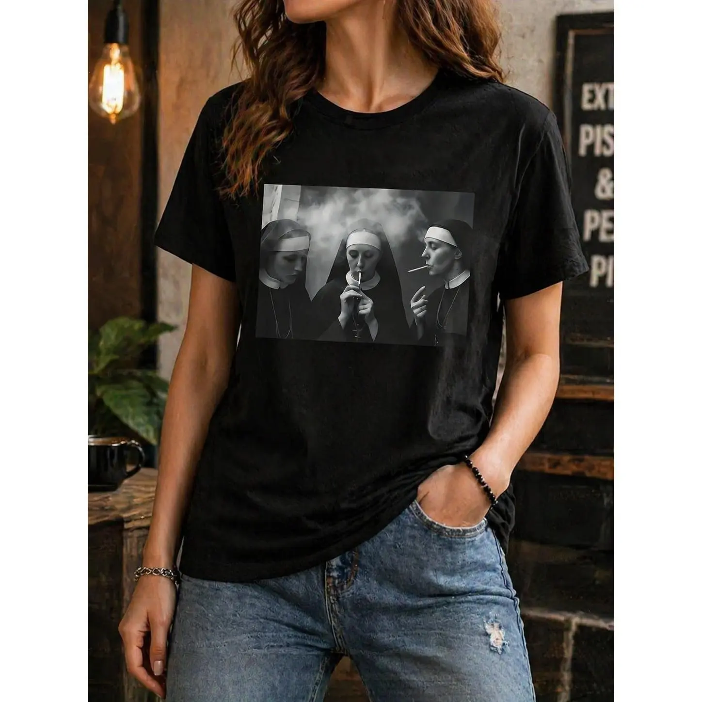 Women's Vintage 'Smoking Nuns' Graphic T-Shirt, 100% Cotton Dark Aesthetic Streetwear Top, Lightweight Round Neck Short Sleeve