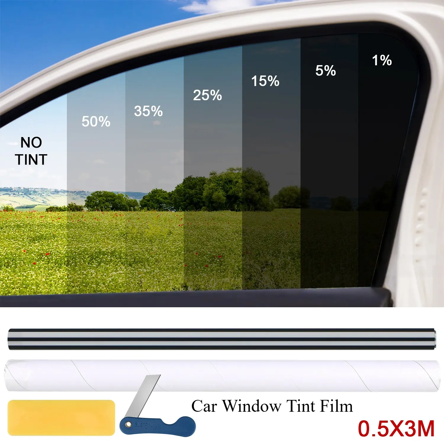 Car Window Tint Film 5% 15% 25% 35% 50% VLT, 0.5x3M Roll, UV Blocking, Heat Control, Privacy Protection, Auto Sun Shade Film with Installation Tools for Cars SUV Trucks