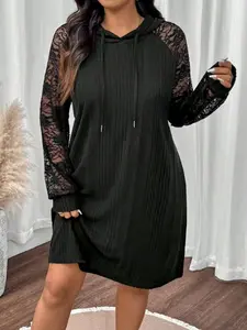 Elegant Solid Color Hooded Drawstring Lace Patchwork Plus Size Loose Women's Dress, Casual Fashion Long Sleeve A-Line Skirt