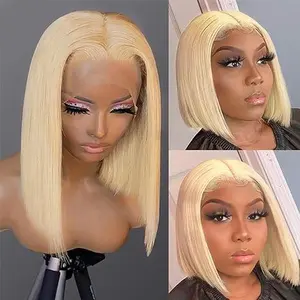 613 Blonde Bob Wig Human Hair 13x4 HD Lace Frontal Short Straight Lace Front Bob Wigs for Black Women Human Hair Pre Plucked Middle Part Black Color Bob Wigs