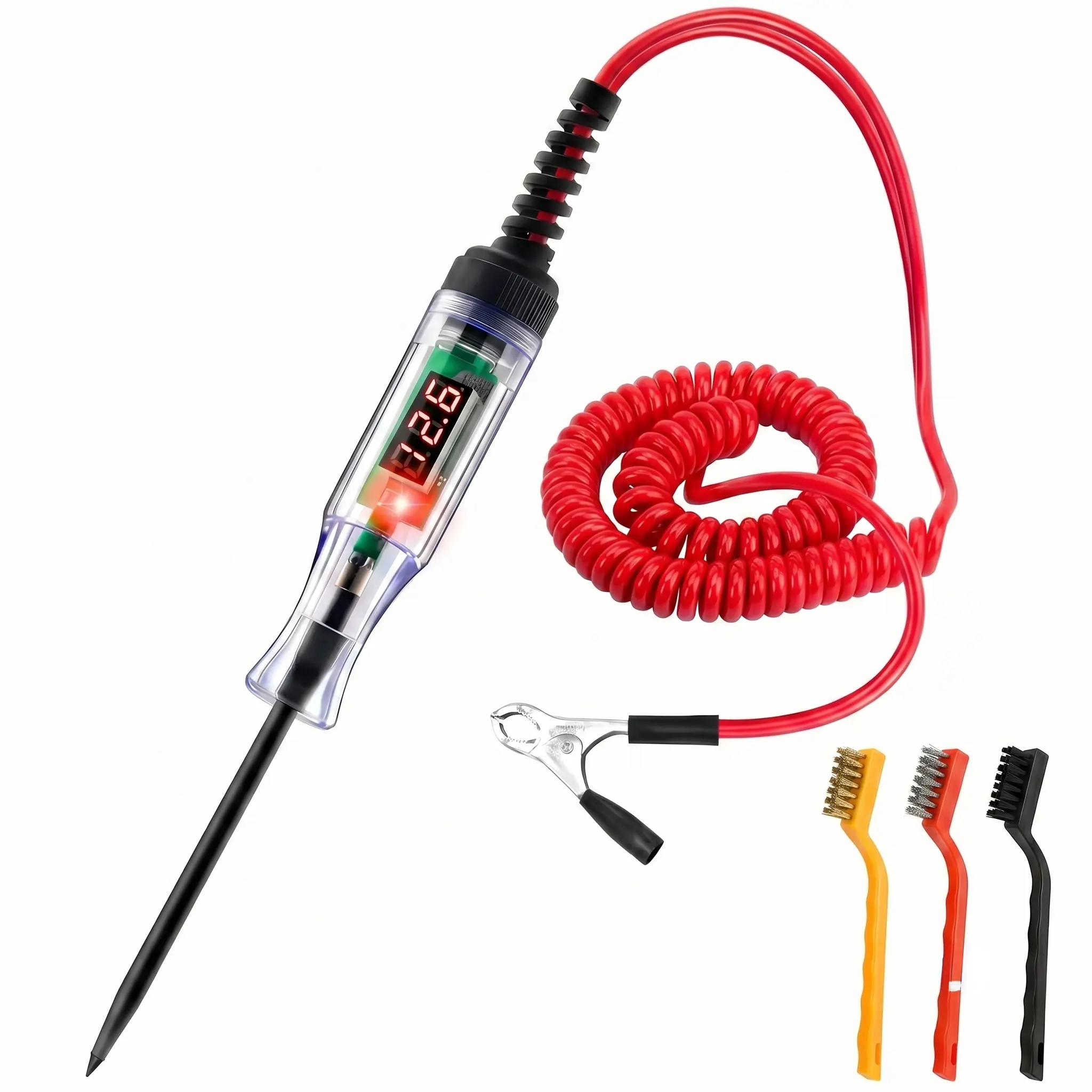 Automotive 5V-90V Digital LED Circuit Tester Plus 3Pcs Car Wire Cleaning Brushes, Extended Spring Wire Bidirectional Light Tester for Electrical Voltage Testing Compact Practical with Pen Tip Protector fathersdaygift
