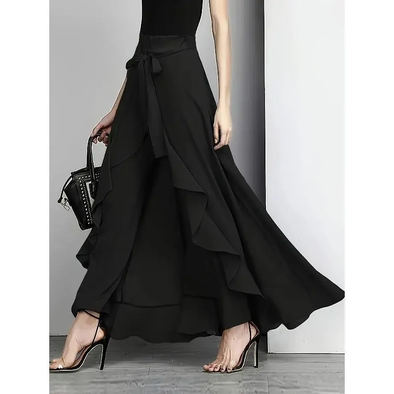 Plus Size Palazzo Pants for Women, Casual High-Waisted Trousers with a Flowy Wide Leg, Stretch Fabric, and Asymmetrical Tie, Wide Legged Pants, Drawstring Palazzo, Outdoor, Plussize, High Waist, Slight Stretch, Solid, Sporty Chic, Style, Bottoms, Fashion,