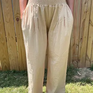 Smocked Beige Flare Minimalist Pants Dressy or Casual Comfortable Womenswear Bottom