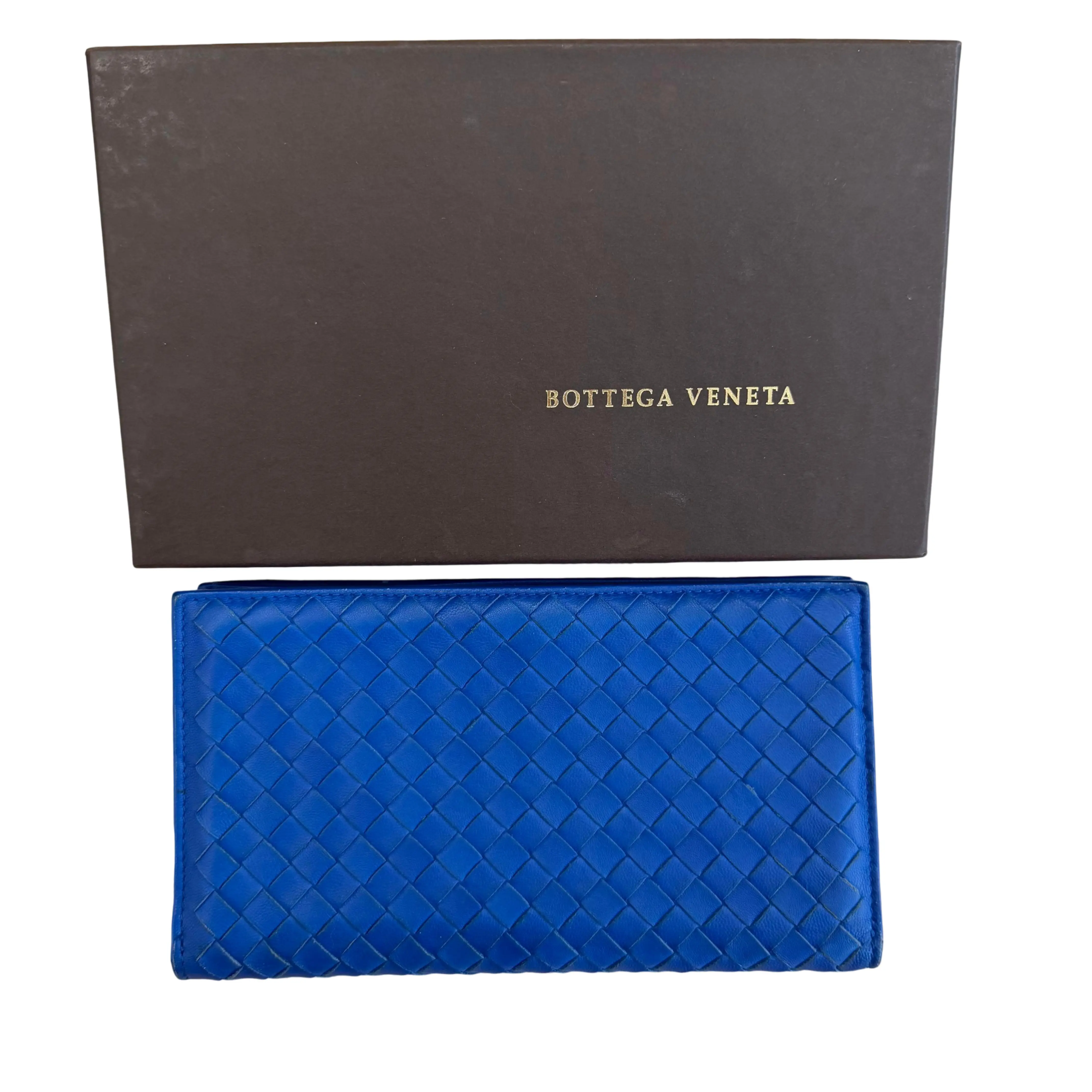 Pre-owned Bottega Veneta Blue Intreccio Weave Leather Long Wallet Premium Feel Small Leather Goods with Ample Space, Card Holding Design, Durable Wallet