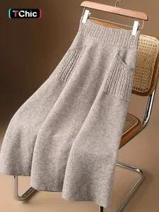 Women's Fall Winter Knitted Skirt, Thick Soft Comfortable Casual A-Line Midi Dress, Elegant Plain Design with Front Pockets, Versatile High Waist Skirt