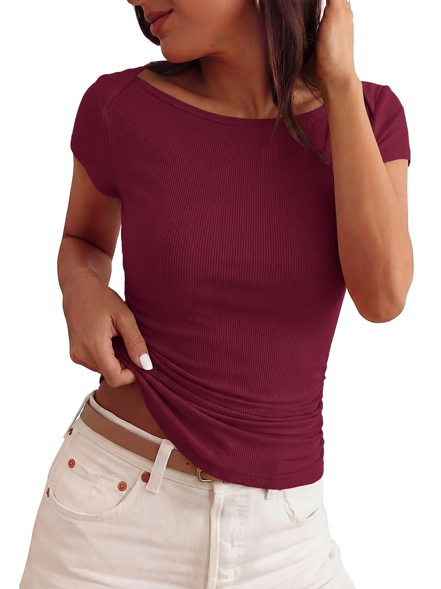 BTFBM Women’s Trendy Ribbed Ruched Top 2026 Summer Crew Neck Slim Fit Stretchy Short Sleeve Going Out Workout Tee #Clearance