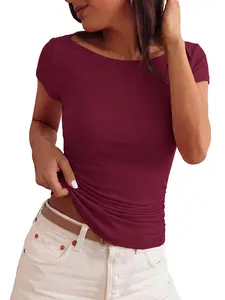 BTFBM Women’s Trendy Ribbed Ruched Top 2026 Summer Crew Neck Slim Fit Stretchy Short Sleeve Going Out Workout Tee