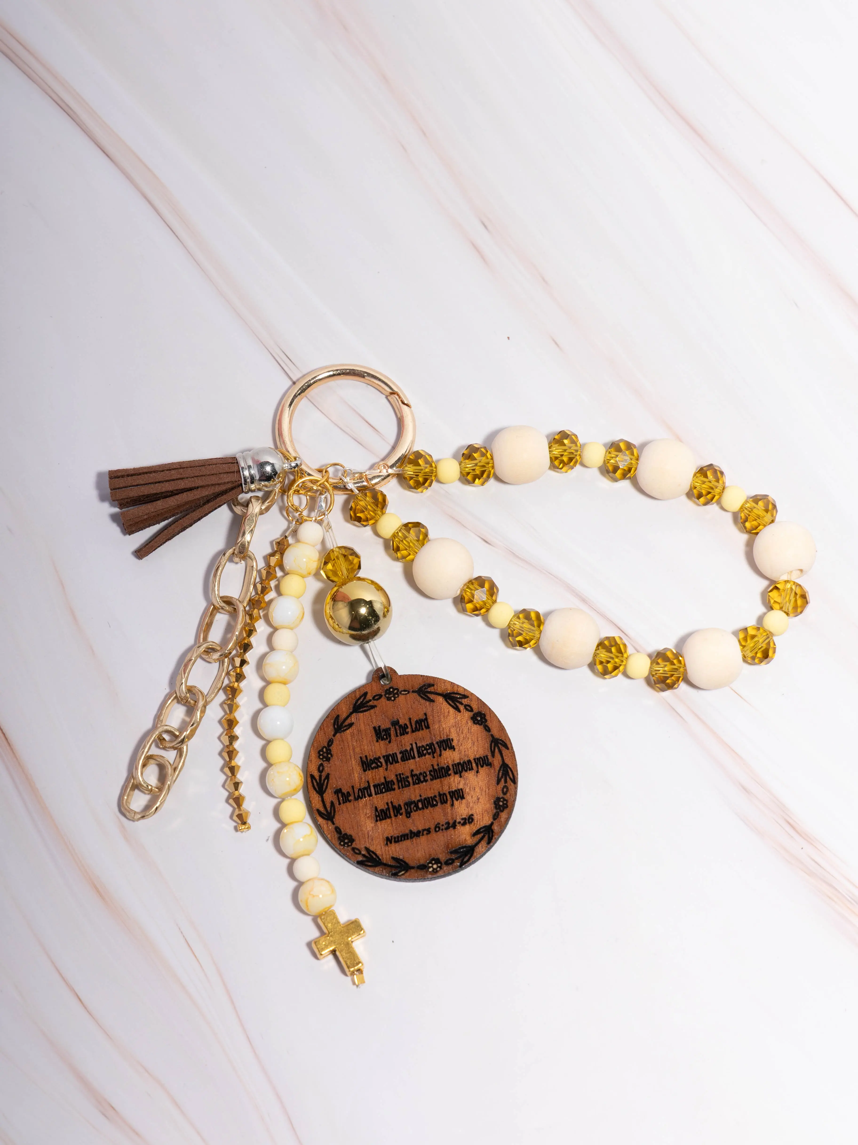 Faith Wristlet Keychain with Scripture Charm "The Lord Bless You" Numbers 6:24 Gold & Cream Beads 3-in-1 Keychain Bag Charm Wristlet Bracelet