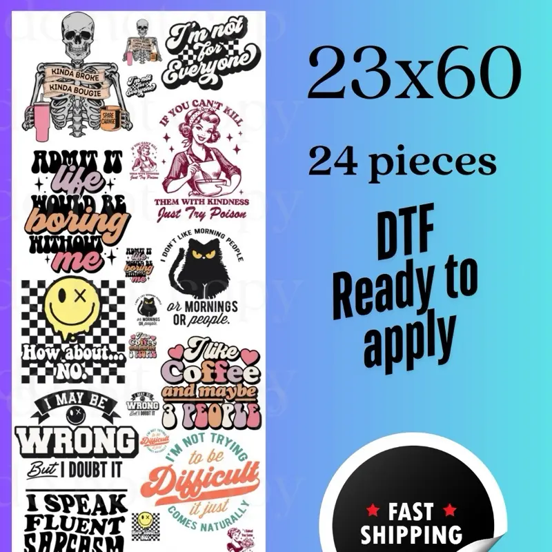 DTF Funny #2 Gang Sheet - 24 Pieces, 23x60, Unique Designs , Ready to Heat Press, Fast Shipping