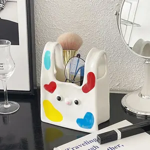 Cute Rabbit Design Ceramic Storage Box, Creative Makeup Brush Holder, Desktop Makeup Organizer, Home Organizer for Living Room Bedroom Entrance