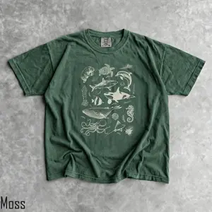 Comfort Colors Vintage Ocean Life Graphic Tee - Washed Moss Green Oversized T-Shirt