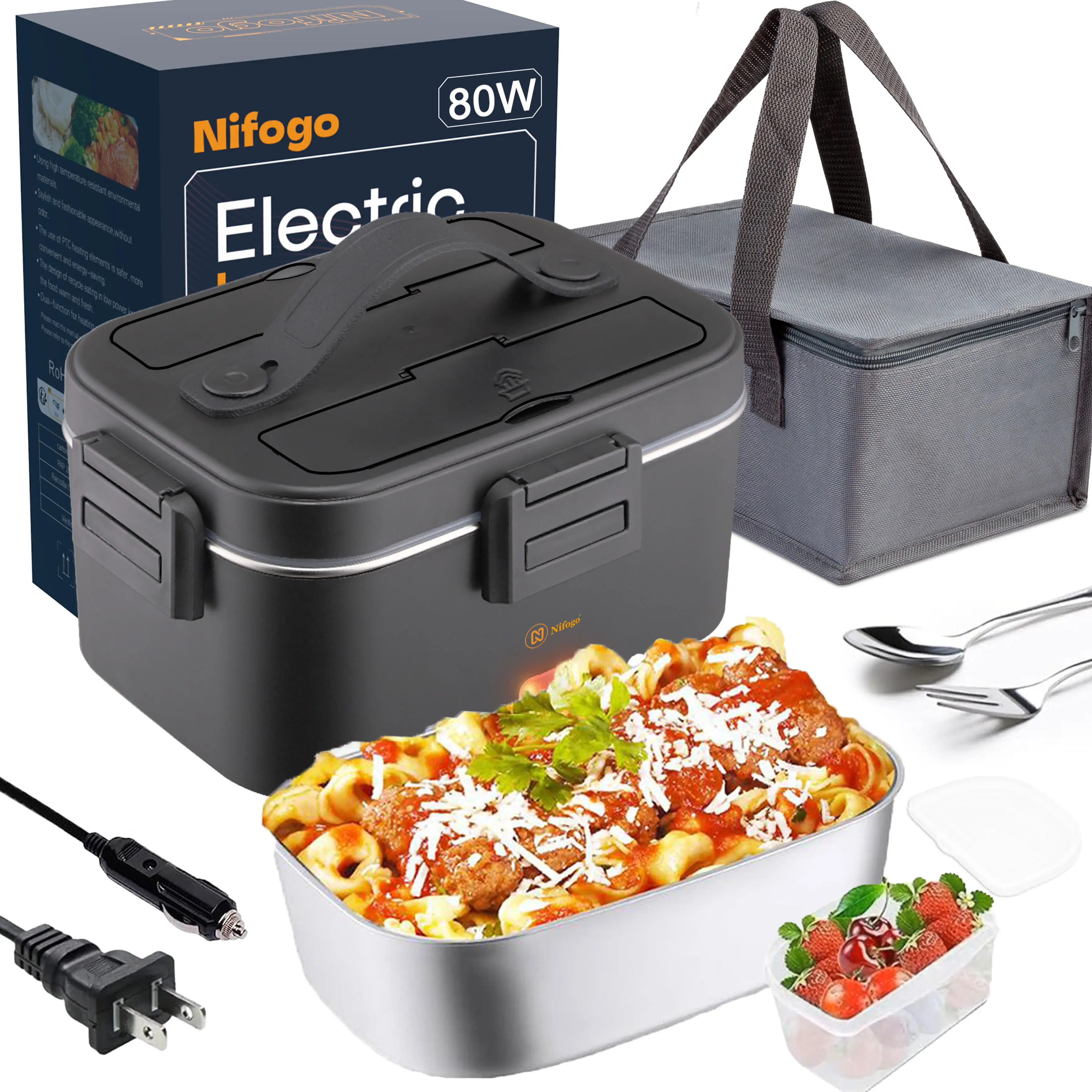 Electric Lunch Box for with DisplayPortable Heated. with Stainless Steel Container&Bag 12V/24V/110V for Car/Truck/Work/school Stylish 80W/1.8L/Black