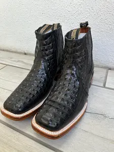 MENS COWBOY Boots Black Crocodile genuine leather square toe half boots boutines Chelsea Lomo Nilo Negro leather sole
