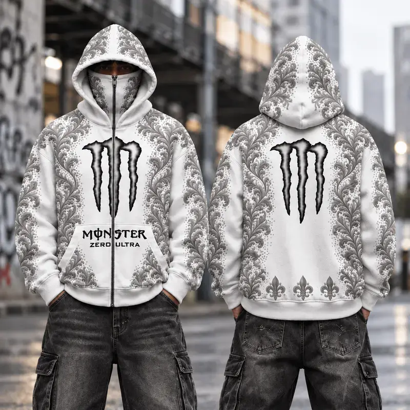 Gothic Baroque White Energy Drink Full Zip Face Cover Hoodie, White Gray Ornamental Print Zip Up Hoodie, Unisex Streetwear Hooded Jacket, All Over Print Sweatshirt