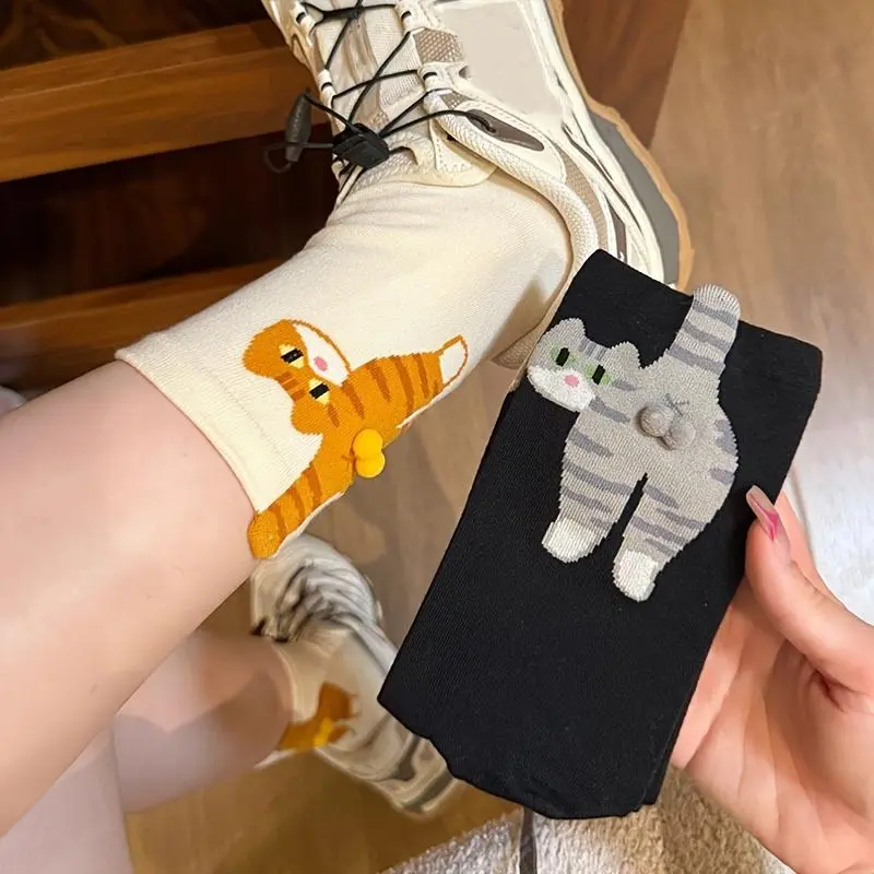 Cute Fun 3D, Print Tabby Cat Socks - Boot-Shaped Paws & Bell Collar, Unisex Plush Warm Thickened Winter Mid-Calf Socks. Comfortable Casual, Machine Washable & Non-Slip Cuff. Ideal for Daily Wear, Loungewear, Holiday Outfits, Perfect Gift for Cat Lovers