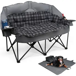 Double Camping Chair Padded Loveseat Camping Couch,  2 Person Camp Chairs with 2 in 1 Carry Bag, Heavy Duty Folding Lawn Chair Sofa with Cup Holders for Adults Patio Backyard Beach, Gray
