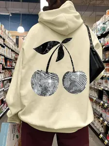 Women's Cherry Print Pocket Hoodie, Fashion Casual Trendy Hooded Sweatshirt for Daily Holiday Outdoor Wear, Women Clothing for Fall & Winter