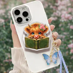Highland Cow Booklover Phone Grip, Floral MagSafe Holder (Magnetic Loop)