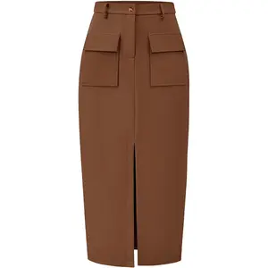 Women Spring Summer High Waisted Cargo Trendy Pencil Slit Dressy Casual Business Work Long Skirt