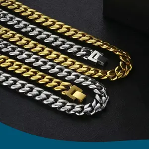 18K Gold Plated Stainless Steel 12mm Cuban Link Chains, Hip Hop Chunky Heavy Cut Curb Necklace for Men