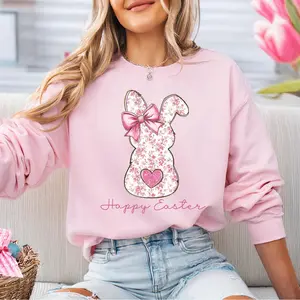 Happy Easter Floral Bunny Shirt, Cute Bunny Sweatshirt, Rabbit Tee, Happy Easter Day Gift, Coquette Bow Easter Sweatshirt