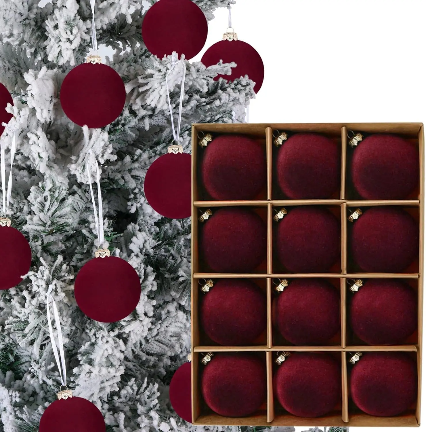 12pcs Christmas Tree Hanging Ball Decoration 2.4Inch Velvet Christmas Ornaments Balls Flocked Shatterproof Plastic Xmas Tree Ball for Party Holiday Wedding Home Decor