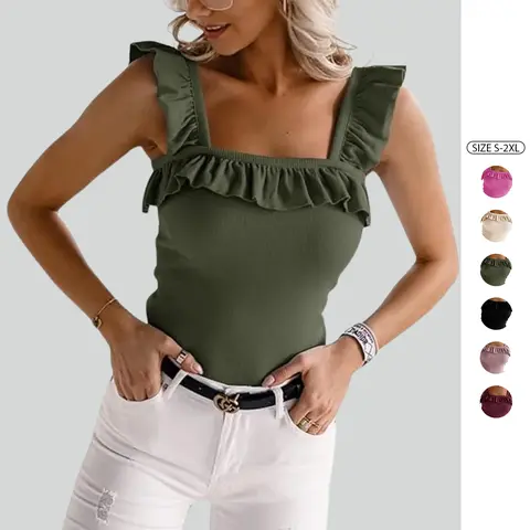 Imily Bela Womens Cute Sleeveless Tank Tops Ruffle Strap Square Neck Blouse Solid Color Knitted Camisole