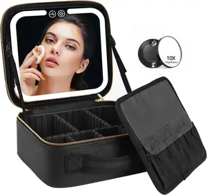 Travel Makeup Bag with LED Lighted Mirror – Portable Cosmetic Organizer Case, Makeup Storage Box, Vanity Bag with 3 Color Light Settings, Large Capacity Beauty Travel Case for Women