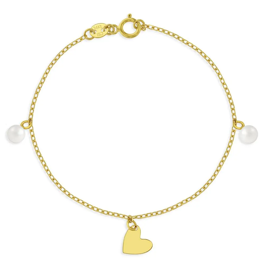 14k Gold 5.5" Freshwater Pearl & Heart Dangle Baby / Toddler / Kids Bracelet