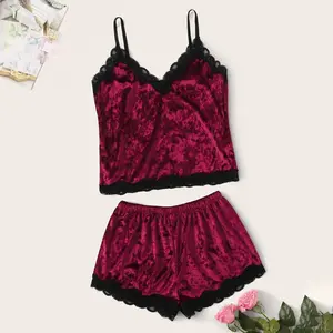 Velvet 2PCS Outfits Spaghetti Strap Crop Top and Shorts Pajama Sets Lounge Wear