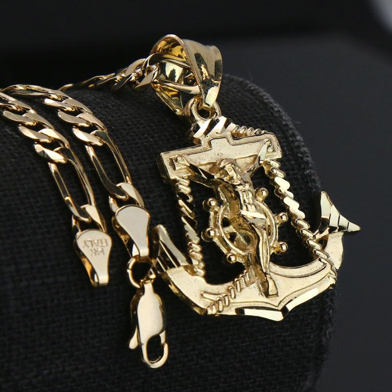 AAA+ Brass Jesus Anchor Pendant & 5mm 20" 24" 14K Stamped Figaro Chain Hip Hop Style Religious High-End Necklace Fashion Jewelry