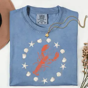 Comfort Colors Lobster Graphic T-Shirt, French Coastal Distressed Tee, Oversized Coquette Aesthetic Shirt, Nautical Fisherman Style