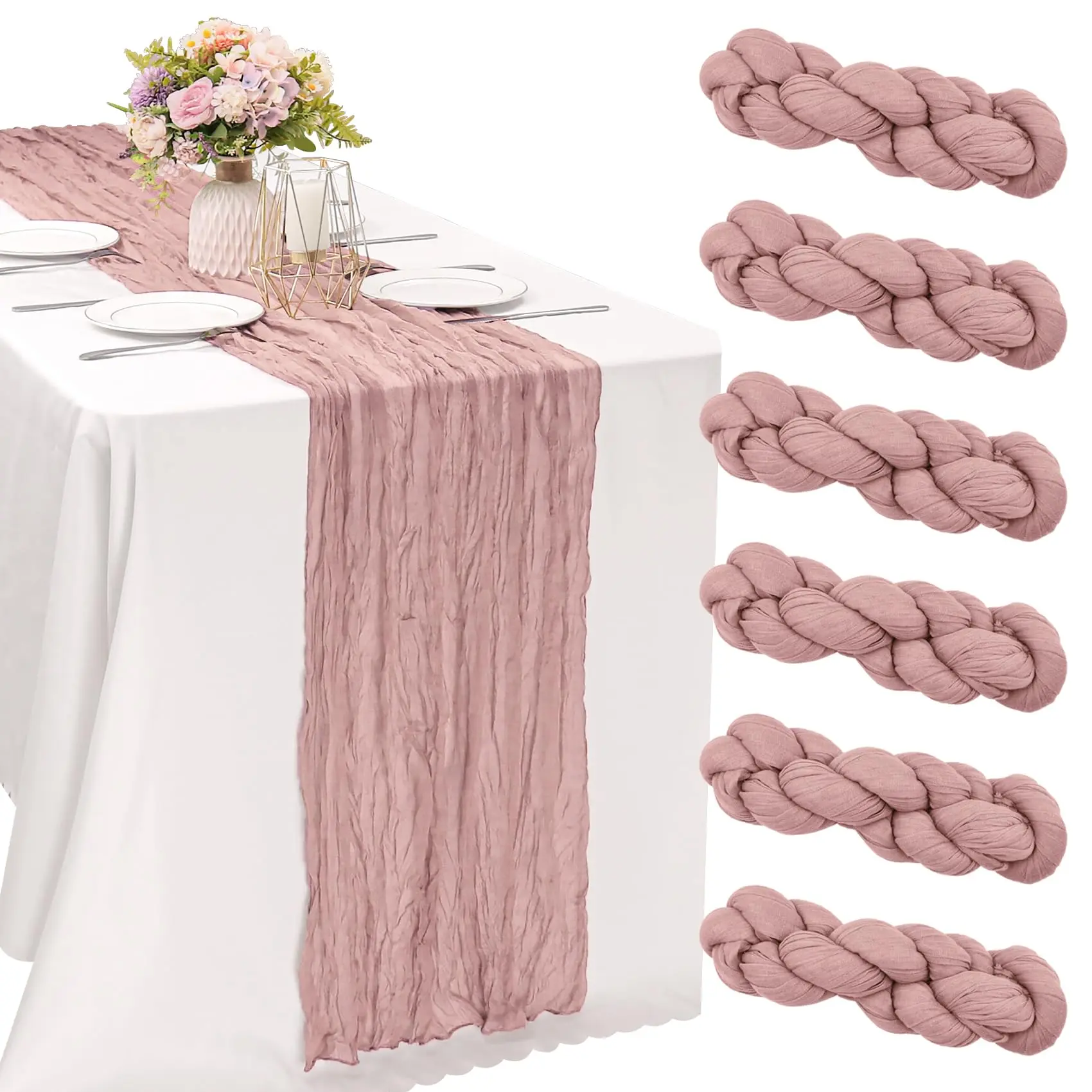 EMBER  6/12 Pcs Coral Pink Cheesecloth Table Runner 10FT long, 35 x 120 Inches Gauze Boho Fabric Rustic Sheer Runner for Wedding Birthday Baby Shower Party Decor