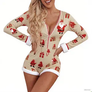 Women's Christmas Romper Pajamas Cute Cartoon Print Long Sleeve Fur Trim Jumpsuit Shorts Sleepwear