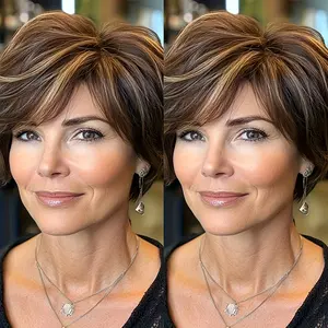 Fashionable New Women's Natural Look Short Pixie Cut Wig - Dark Brown to Blonde Highlights with Light Blonde Accents, Glueless Rose Net Cap, 150% Higher Density for Volume & Fullness - Everyday & Special Occasion Hairstyle - Salon-Quality Human Hair Repla