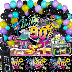 80s 90s Themed Party Kit with Boombox, Inflatable Mobile, Backdrop & Balloons for Hip Hop Vibes