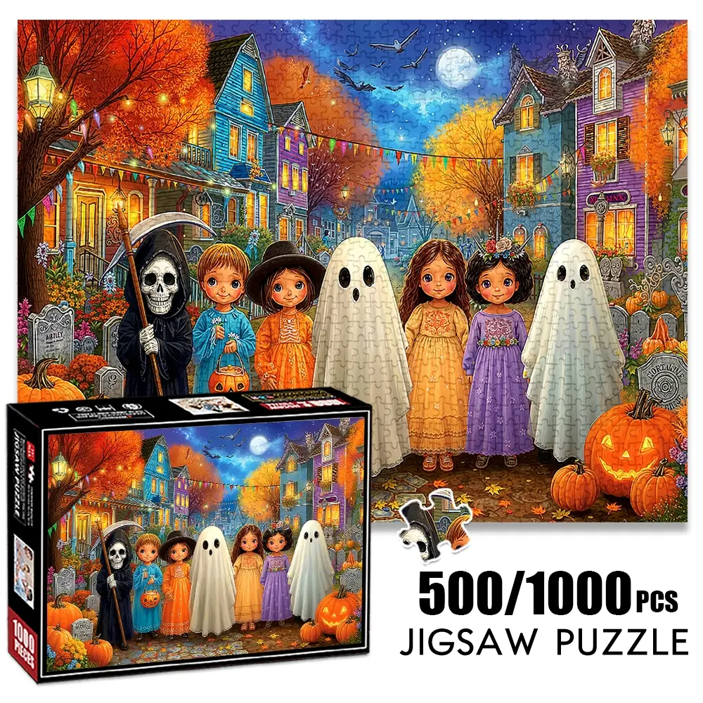 1pc 1000 piece adult puzzle 70x50cm Halloween Street Scene with Reaper, Ghosts and Costumed Figures 500 pieces paper jigsaw puzzle suitable for DIY creative games for adults and families, birthday a