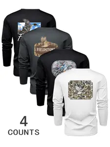 Men's Hot Selling 4-Piece Set Goose Print Animal Fitted Long Sleeve T-Shirts, Menswear Comfortable Elastic Stretch Fabric, Casual Spring & Fall Wear