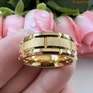 Unisex 304 Stainless Steel Golden Rings - Brick Pattern Brushed Band, Comfort Fit for Wedding, Daily Wear