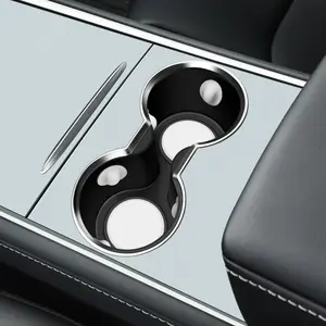 for Tesla Model 3/Y Center Console Cup Holder Insert [Top Chrome Metallic Finish] Compatible with Tesla Model 3/Y 2023-2021 and Model Y 2024 2025 Interior Accessories (Black-White)