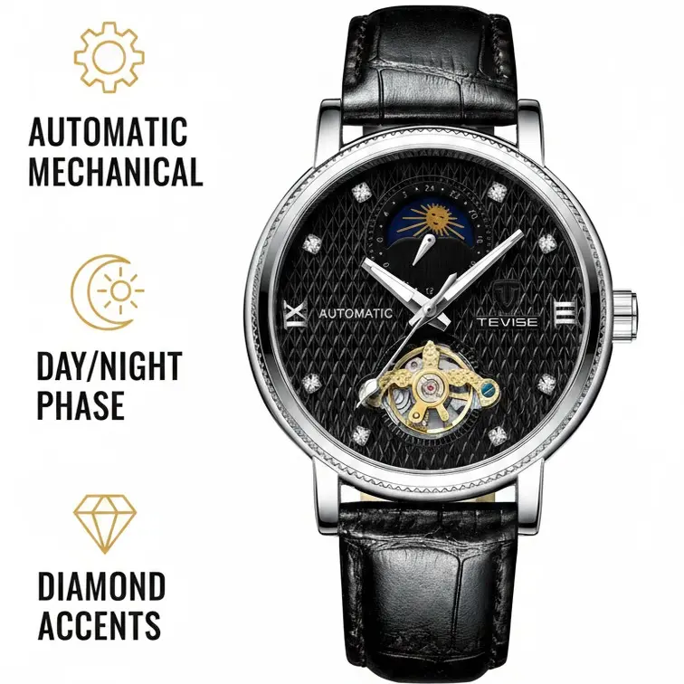 TEVISE Fully Automatic Mechanical Watch with Night Glow - Stars, Planets, Fashion, Business, Casual, Multi-functional, Water-resistant Watch with 24-hour Function - Fashion, Casual, Classic, Popular Leather Strap, Alloy Case relojes para hombres