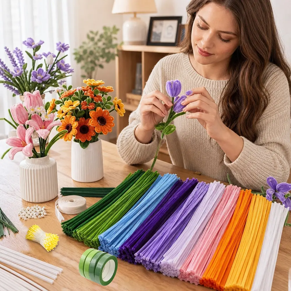 1346Pcs Bulk Pack Pipe Cleaners Flower Craft DIY Kits, 11.81in x 7mm Chenille Stems for DIY Bouquets, Indoor Decor - Home Improvement Building Supplies Wallpaper & Wall Trim